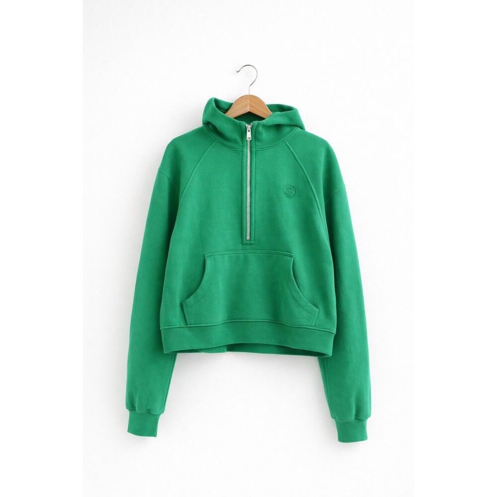 ✿ Lululemon Style Green Cropped Hoodie Quarter Zip Soft Fleece Logo XS
